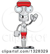 Clipart Of A Cartoon Skinny Waving Lifeguard Robot With A Missing Tooth Royalty Free Vector Illustration