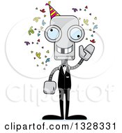 Clipart Of A Cartoon Skinny Waving Party Robot With A Missing Tooth Royalty Free Vector Illustration
