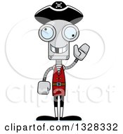 Clipart Of A Cartoon Skinny Waving Pirate Robot With A Missing Tooth Royalty Free Vector Illustration
