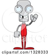 Clipart Of A Cartoon Skinny Waving Robot With A Missing Tooth Wearing Pajamas Royalty Free Vector Illustration