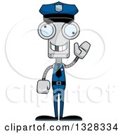Clipart Of A Cartoon Skinny Waving Robot Police Officer With A Missing Tooth Royalty Free Vector Illustration