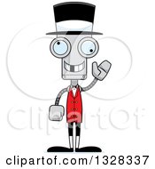 Clipart Of A Cartoon Skinny Waving Robot Circus Ringmaster With A Missing Tooth Royalty Free Vector Illustration