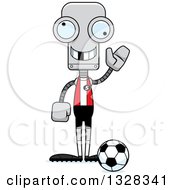 Clipart Of A Cartoon Skinny Waving Robot Soccer Player With A Missing Tooth Royalty Free Vector Illustration