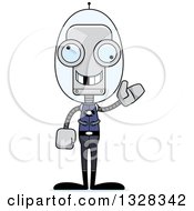Clipart Of A Cartoon Skinny Waving Futuristic Space Robot With A Missing Tooth Royalty Free Vector Illustration