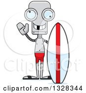 Poster, Art Print Of Cartoon Skinny Waving Surfer Robot With A Missing Tooth
