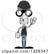 Clipart Of A Cartoon Skinny Waving Robber Robot With A Missing Tooth Royalty Free Vector Illustration