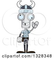 Clipart Of A Cartoon Skinny Waving Viking Robot With A Missing Tooth Royalty Free Vector Illustration