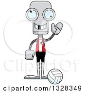 Clipart Of A Cartoon Skinny Waving Robot Volleyball Player With A Missing Tooth Royalty Free Vector Illustration
