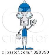 Clipart Of A Cartoon Skinny Waving Winter Robot With A Missing Tooth Royalty Free Vector Illustration