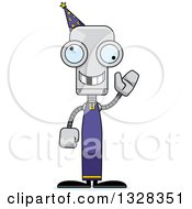 Clipart Of A Cartoon Skinny Waving Wizard Robot With A Missing Tooth Royalty Free Vector Illustration