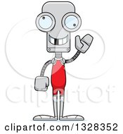 Clipart Of A Cartoon Skinny Waving Wrestler Robot With A Missing Tooth Royalty Free Vector Illustration