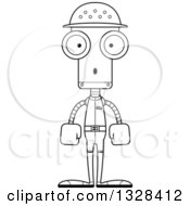 Lineart Clipart Of A Cartoon Black And White Skinny Surprised Zookeeper Robot Royalty Free Outline Vector Illustration