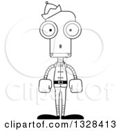 Lineart Clipart Of A Cartoon Black And White Skinny Surprised Robot Christmas Elf Royalty Free Outline Vector Illustration