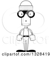 Lineart Clipart Of A Cartoon Black And White Skinny Surprised Robot Robber Royalty Free Outline Vector Illustration
