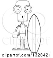 Lineart Clipart Of A Cartoon Black And White Skinny Surprised Robot Surfer Royalty Free Outline Vector Illustration