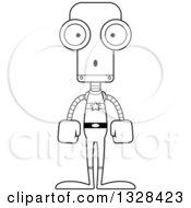 Lineart Clipart Of A Cartoon Black And White Skinny Surprised Super Hero Robot Royalty Free Outline Vector Illustration