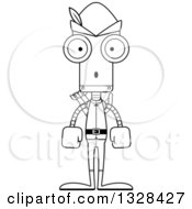 Lineart Clipart Of A Cartoon Black And White Skinny Surprised Robin Hood Robot Royalty Free Outline Vector Illustration
