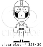 Lineart Clipart Of A Cartoon Black And White Skinny Surprised Robot Race Car Driver Royalty Free Outline Vector Illustration