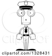 Lineart Clipart Of A Cartoon Black And White Skinny Surprised Robot Police Officer Royalty Free Outline Vector Illustration