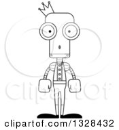 Lineart Clipart Of A Cartoon Black And White Skinny Surprised Robot Prince Royalty Free Outline Vector Illustration
