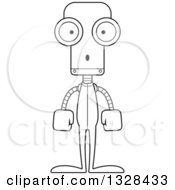 Lineart Clipart Of A Cartoon Black And White Skinny Surprised Robot In Pjs Royalty Free Outline Vector Illustration