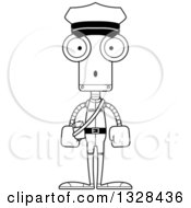 Lineart Clipart Of A Cartoon Black And White Skinny Surprised Robot Mailman Royalty Free Outline Vector Illustration