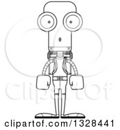 Lineart Clipart Of A Cartoon Black And White Skinny Surprised Robot Hiker Royalty Free Outline Vector Illustration