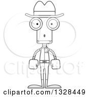 Lineart Clipart Of A Cartoon Black And White Skinny Surprised Robot Cowboy Royalty Free Outline Vector Illustration