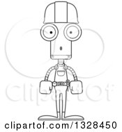 Lineart Clipart Of A Cartoon Black And White Skinny Surprised Robot Construction Worker Royalty Free Outline Vector Illustration
