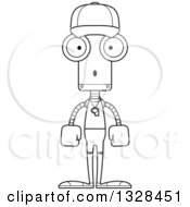 Lineart Clipart Of A Cartoon Black And White Skinny Surprised Robot Sports Coach Royalty Free Outline Vector Illustration