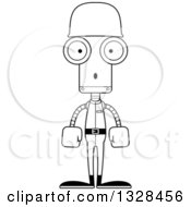 Lineart Clipart Of A Cartoon Black And White Skinny Surprised Soldier Robot Royalty Free Outline Vector Illustration