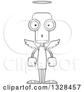 Lineart Clipart Of A Cartoon Black And White Skinny Surprised Angel Robot Royalty Free Outline Vector Illustration