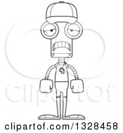 Lineart Clipart Of A Cartoon Black And White Skinny Sad Robot Sports Coach Royalty Free Outline Vector Illustration