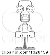 Lineart Clipart Of A Cartoon Black And White Skinny Sad Casual Robot Royalty Free Outline Vector Illustration