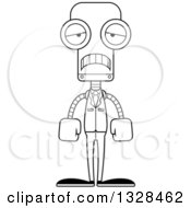 Lineart Clipart Of A Cartoon Black And White Skinny Sad Business Robot Royalty Free Outline Vector Illustration