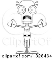 Lineart Clipart Of A Cartoon Black And White Skinny Scared Super Hero Robot Royalty Free Outline Vector Illustration