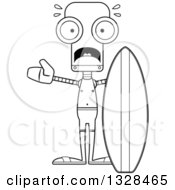 Lineart Clipart Of A Cartoon Black And White Skinny Scared Robot Surfer Royalty Free Outline Vector Illustration