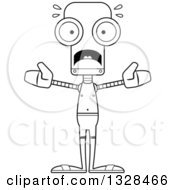 Lineart Clipart Of A Cartoon Black And White Skinny Scared Robot Swimmer Royalty Free Outline Vector Illustration