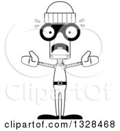 Lineart Clipart Of A Cartoon Black And White Skinny Scared Robot Robber Royalty Free Outline Vector Illustration