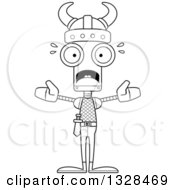 Lineart Clipart Of A Cartoon Black And White Skinny Scared Viking Robot Royalty Free Outline Vector Illustration