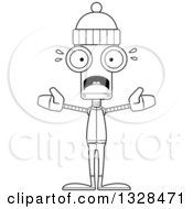 Poster, Art Print Of Cartoon Black And White Skinny Scared Winter Robot