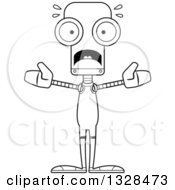 Lineart Clipart Of A Cartoon Black And White Skinny Scared Robot Wrestler Royalty Free Outline Vector Illustration