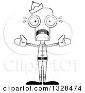 Lineart Clipart Of A Cartoon Black And White Skinny Scared Robot Christmas Elf Royalty Free Outline Vector Illustration