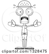 Lineart Clipart Of A Cartoon Black And White Skinny Scared Zookeeper Robot Royalty Free Outline Vector Illustration