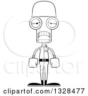 Lineart Clipart Of A Cartoon Black And White Skinny Sad Soldier Robot Royalty Free Outline Vector Illustration