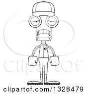 Lineart Clipart Of A Cartoon Black And White Skinny Sad Baseball Robot Royalty Free Outline Vector Illustration
