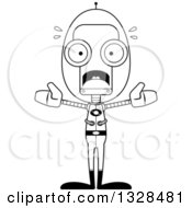 Lineart Clipart Of A Cartoon Black And White Skinny Scared Futuristic Space Robot Royalty Free Outline Vector Illustration