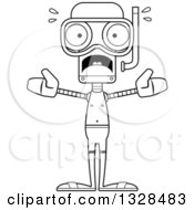 Lineart Clipart Of A Cartoon Black And White Skinny Scared Robot In Snorkel Gear Royalty Free Outline Vector Illustration