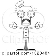 Lineart Clipart Of A Cartoon Black And White Skinny Scared Chef Robot Royalty Free Outline Vector Illustration