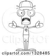 Lineart Clipart Of A Cartoon Black And White Skinny Scared Robot Sports Coach Royalty Free Outline Vector Illustration